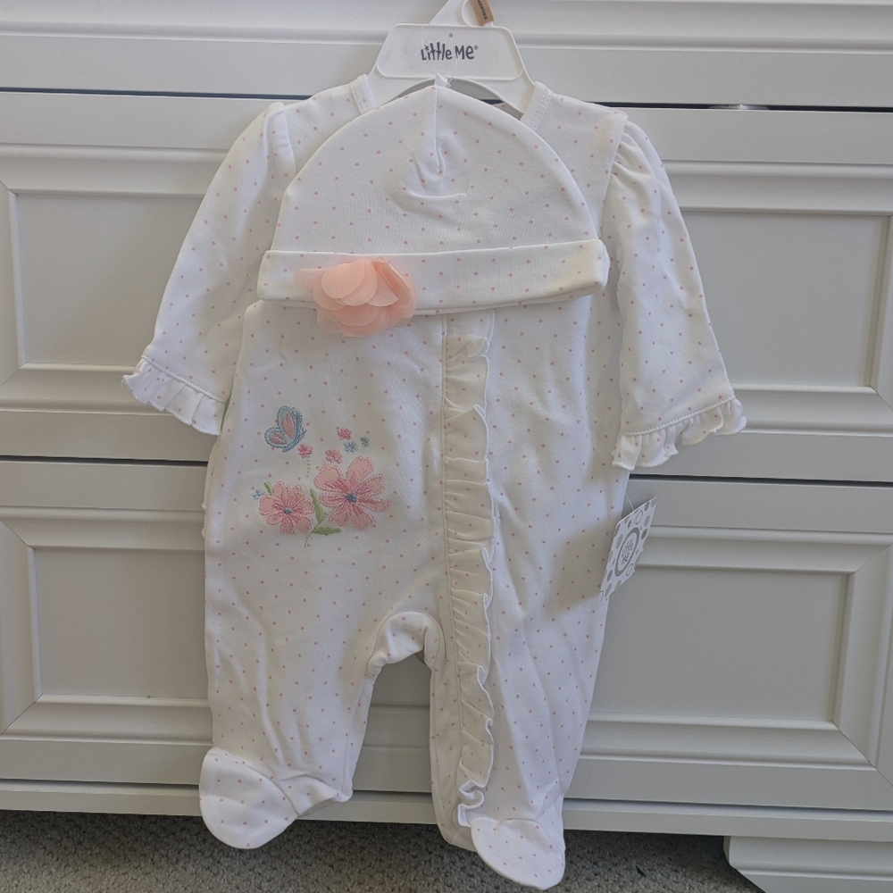 Little Me Butterfly Cotton Footie & Hat Set Baby Girl Sleep & Play Take Home Set